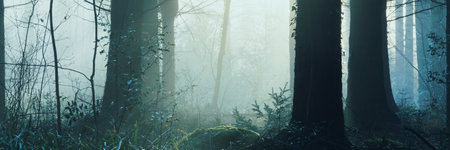A panorama of trees silhouetted against sunshine in a mystical forest on a beautiful misty winters morningの写真素材