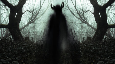 A  blurred ghostly figure appearing on a path, like a pagan spirit, in a spooky forest with trees silhouetted on a moody foggy winters day.の写真素材