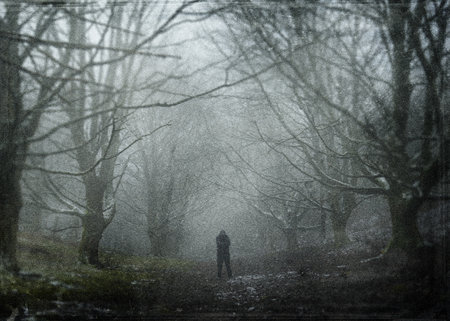 A mysterious hooded figure. Silhouetted and standing on a path in a forest. On a spooky, foggy, winters day. With a grunge, vintage edit.の写真素材