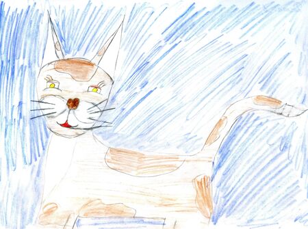 Close-up children's paint cat to backgroundの写真素材