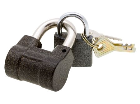 Two padlocks and keys isolated on white background