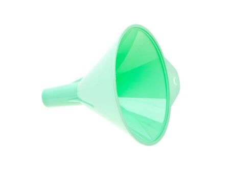 Green plastic kitchen funnel isolated on the white backgroundの写真素材
