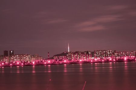 Seoul Skyline at Night Reflected in the Han Riverの写真素材