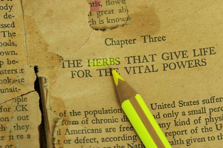 open grungy book with herbs as subject written on page.の写真素材