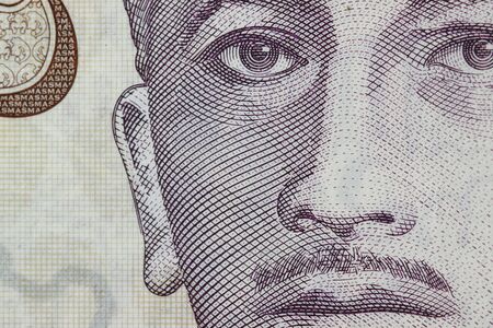 Singapore currency two dollar close up photo.の写真素材