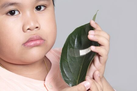 a boy in environment protection, green leaf bandaged with white patch の写真素材