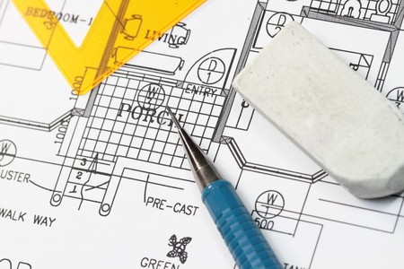 House plan with blueprints and pencilの写真素材