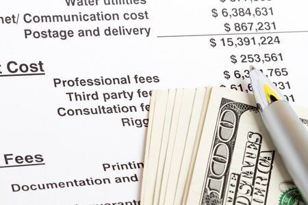 Calculating expenses cost and fee's abstract with dolla and spreadsheet