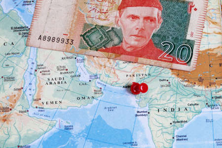 Mohammed Ali Jinnah (1876-1948) on 20 Rupees  Banknote from Pakistan with mapの写真素材