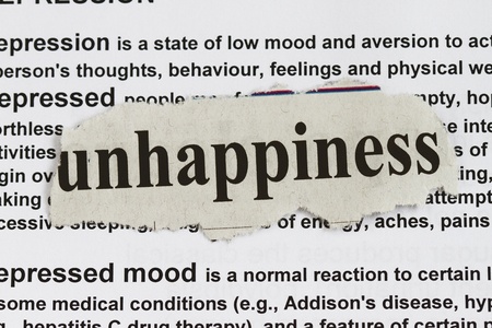Typed text Unhappiness on paper and texts on backgroundの写真素材