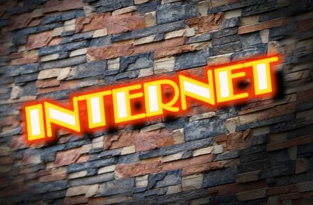 Internet access in neon lights signage with brick wall background の写真素材