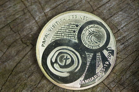 Commemorative coin featuring the Pope Francis , his visit to the Philippines in 2015.の写真素材
