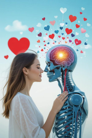 Side view of young woman looking at human skeleton against blue sky with heartsの素材