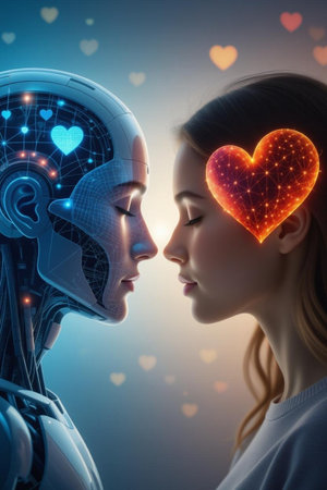 Cyborg and woman looking at each other with heart hologram.の素材