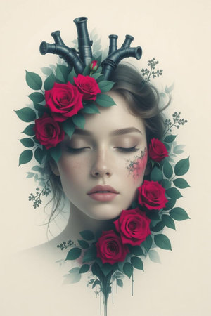 Beautiful young woman with red roses and crown on her head.の素材