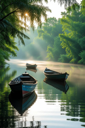 Fishing boats on the lake in the morning. Nature composition.の素材