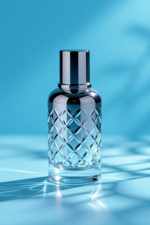 Perfume bottle on blue background with shadows. 3d renderの素材