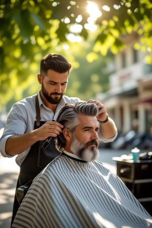 Stylish bearded man getting haircut by hairdresser in barbershopの素材