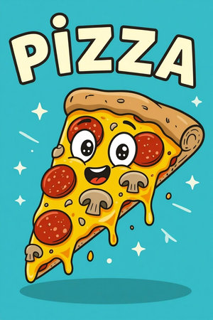 Pizza cartoon with happy face. Vector illustration in flat style.の素材
