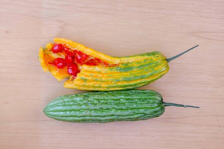 Bitter melon or bitter gourd on white background. close up viewの写真素材