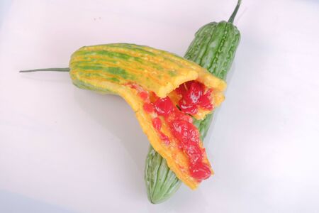 Bitter melon or bitter gourd on white background. close up viewの写真素材