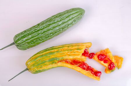 Bitter melon or bitter gourd on white background. close up viewの写真素材