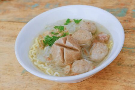 bakso. indonesian meatball served with soup and noodleの写真素材