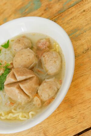 bakso. indonesian meatball served with soup and noodleの写真素材