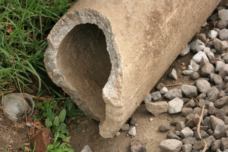 A discarded and broken concrete pipe at a construction site in Cotacachi, Ecuadorの写真素材