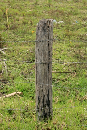 A barbed wire fence in a farmers field in Cotacachi, Ecuadorの写真素材
