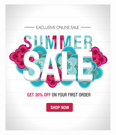 Spring sale poster, banner with paper flowers, wooden background. Promotions, magazines, advertising, web sites. Vector illustration. Space for text.のイラスト素材