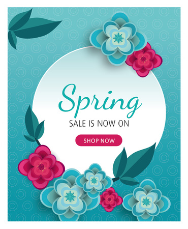 Spring sale poster, banner with paper flowers, blue background. Promotions, magazines, advertising, web sites. Vector illustration. Space for text.のイラスト素材