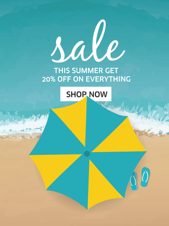 Summer sale poster, banner, flyer with colorful umbrella, beach background. Promotions, magazines, advertising, websites vector beach illustration with space for text.のイラスト素材