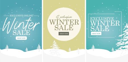 Winter sale banner, Christmas trees, handwritten font, online sale banners, good for winter print banner, snow, seasons greetings, space for text.のイラスト素材