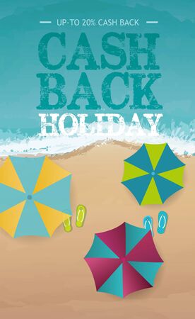 Cash back holiday poster, banner, flyer with colorful umbrella, yellow, blu green, beach background. Promotions, magazines, advertising, websites. Vector beach illustration. Space for text.のイラスト素材