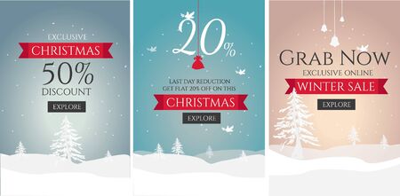 Exclusive Christmas Sale discount banner, Christmas elements, good for flyers, online banner, brochure and winter sale banners. Space for text.のイラスト素材