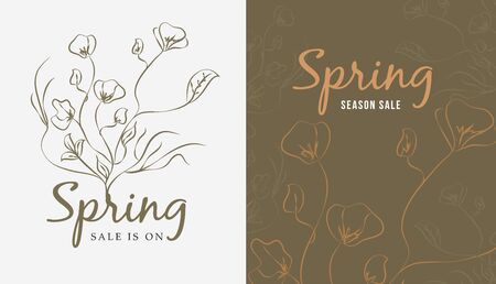 Spring sale poster, banner, flyer with paper flowers, yellow background. Promotions, magazines, advertising, web sites. Vector illustration. Space for text.のイラスト素材
