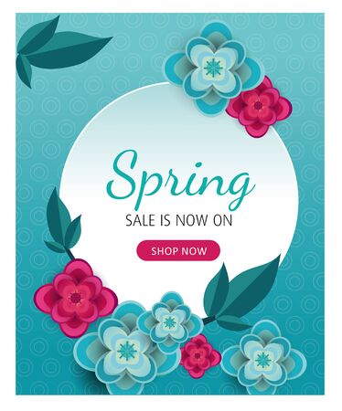 Blue banner, Spring sale poster, flyer with paper flowers, yellow background. Promotions, magazines, advertising, web sites. Vector illustration. Space for text.のイラスト素材