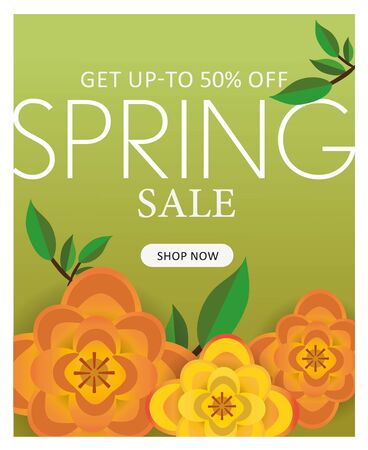 Spring sale poster, banner, flyer with paper flowers, yellow background. Promotions, magazines, advertising, web sites. Vector illustration. Space for text.のイラスト素材