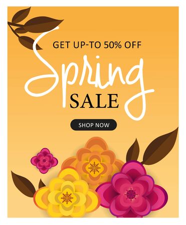 Spring sale poster, banner, flyer with paper flowers, yellow background. Promotions, magazines, advertising, web sites. Vector illustration. Space for text.のイラスト素材