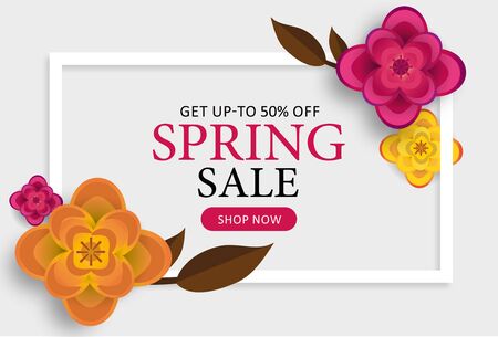 Spring sale poster, banner, flyer with paper flowers, yellow background. Promotions, magazines, advertising, web sites. Vector illustration. Space for text.のイラスト素材