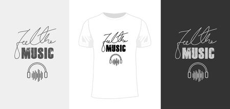 Music typography, vector headphone, cover design, logo, concept, t shirt template, feel the music, music vector logo, white, black, Silhouetteのイラスト素材