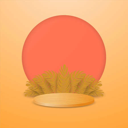 Abstract yellow geometry circle 3d podium with round back composition and leaf elementのイラスト素材