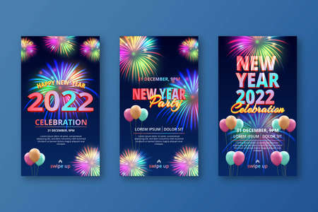 Festive new year eve social media stories collection with fireworks and realistic balloonのイラスト素材