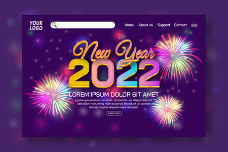 Happy new year 2022 landing page with fireworks and editable text on blurred purple bokeh backgroundのイラスト素材