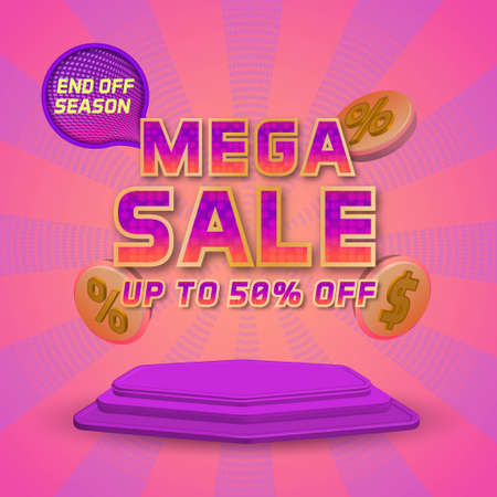 Mega sale social media template promotion with 3d podium display and realistic megaphoneのイラスト素材