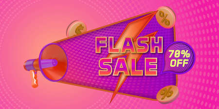 Flash sale discount banner promotion template with a realistic megaphone and halftone background