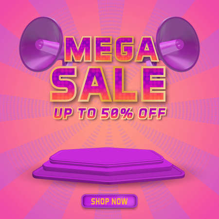 Mega sale social media template promotion with 3d podium display and realistic megaphoneのイラスト素材