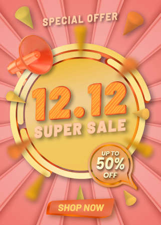 12 12 super sale poster promotion template with a realistic megaphone on cartoon pastel backgroundのイラスト素材