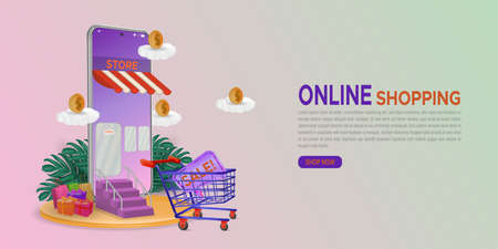 Online Shopping concept mobile app templates with 3d podium and leaf decoration on purple backgroundのイラスト素材